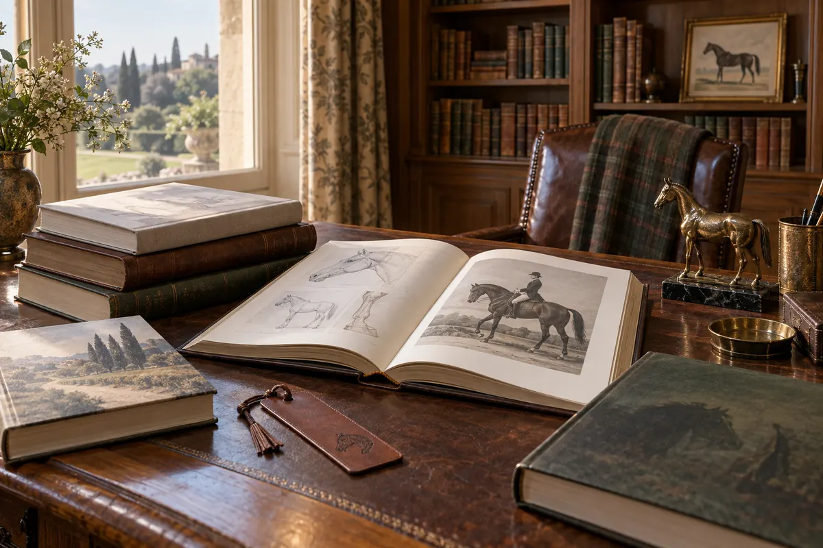 Ouvrages et illustrations équestres dans une bibliothèque