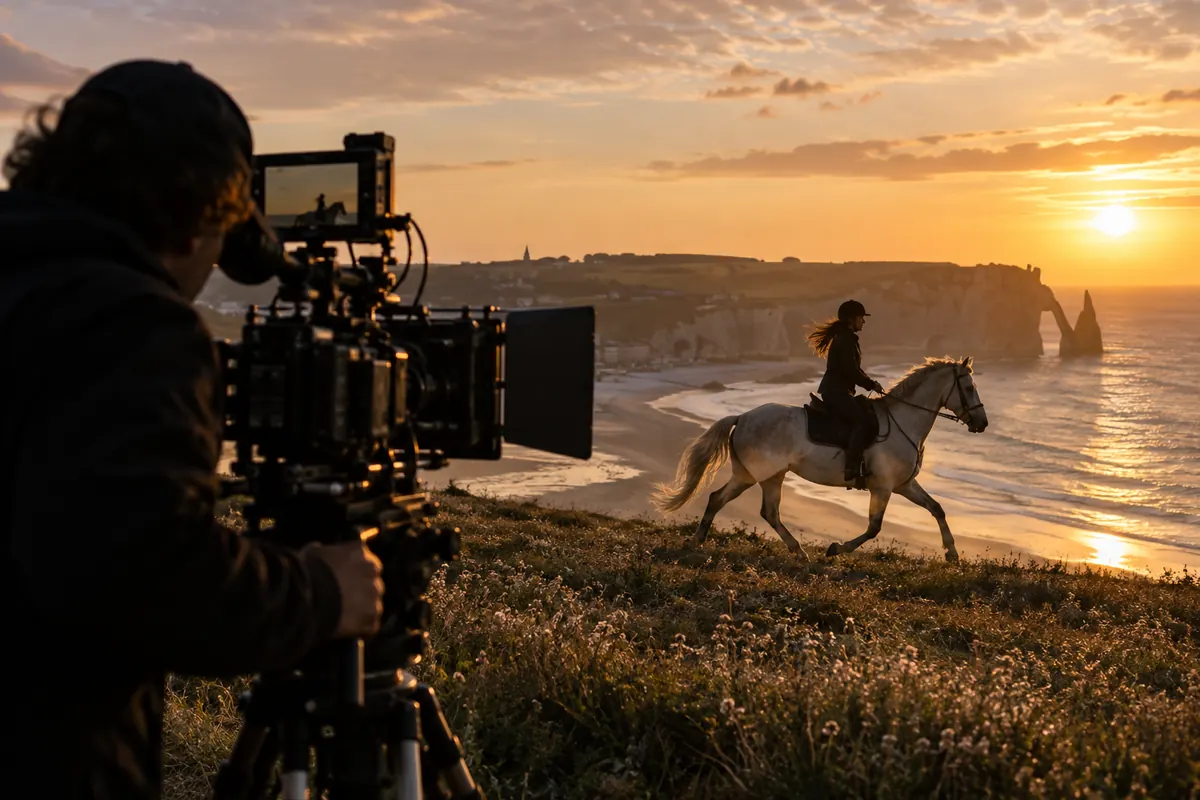 Tournage d’une scène équestre sur le littoral au coucher du soleil