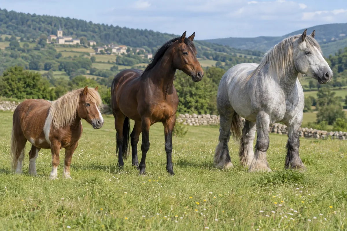 Poney, cheval de selle et cheval de trait réunis au pré