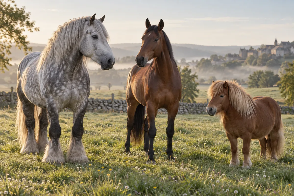 Cheval de trait, cheval de selle et poney réunis dans une prairie française