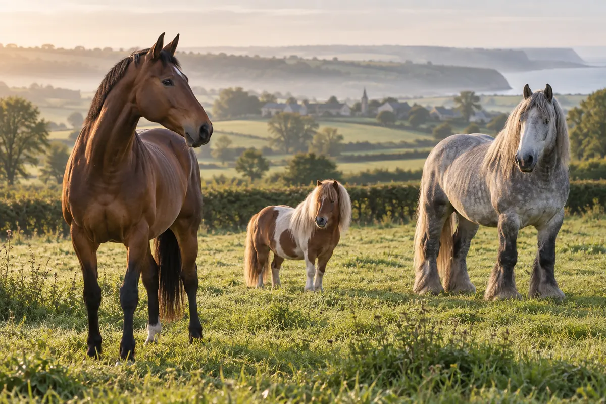 Cheval de selle, poney et cheval de trait dans une prairie française
