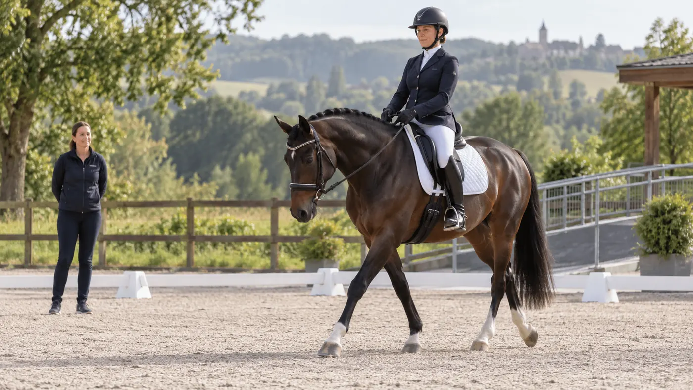 Cavalier et cheval de para-dressage évoluant en carrière