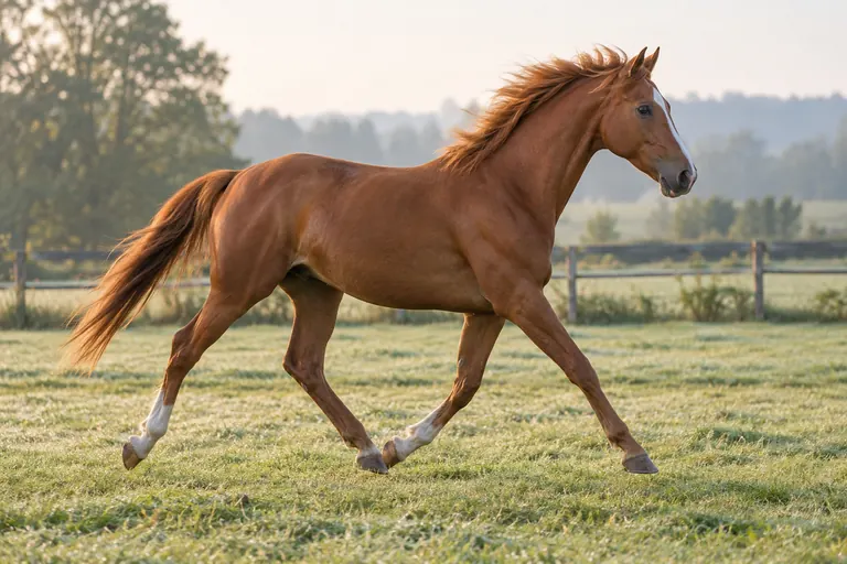 Cheval alezan au trot dans un paddock