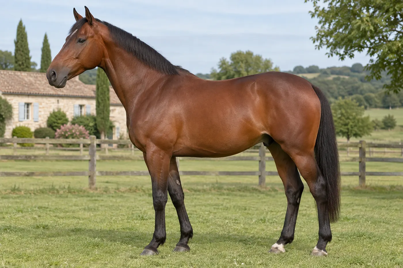 Cheval bai vu de profil dans une prairie, corps et membres entièrement visibles