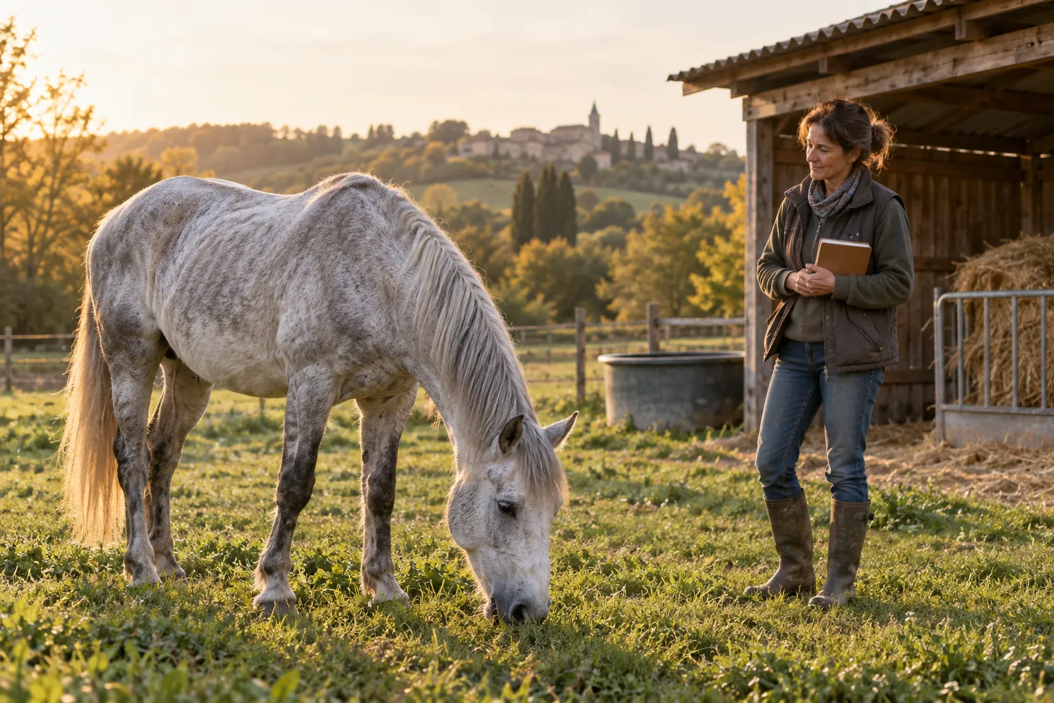 Cheval gris âgé broutant près de son abri sous le regard de sa soigneuse
