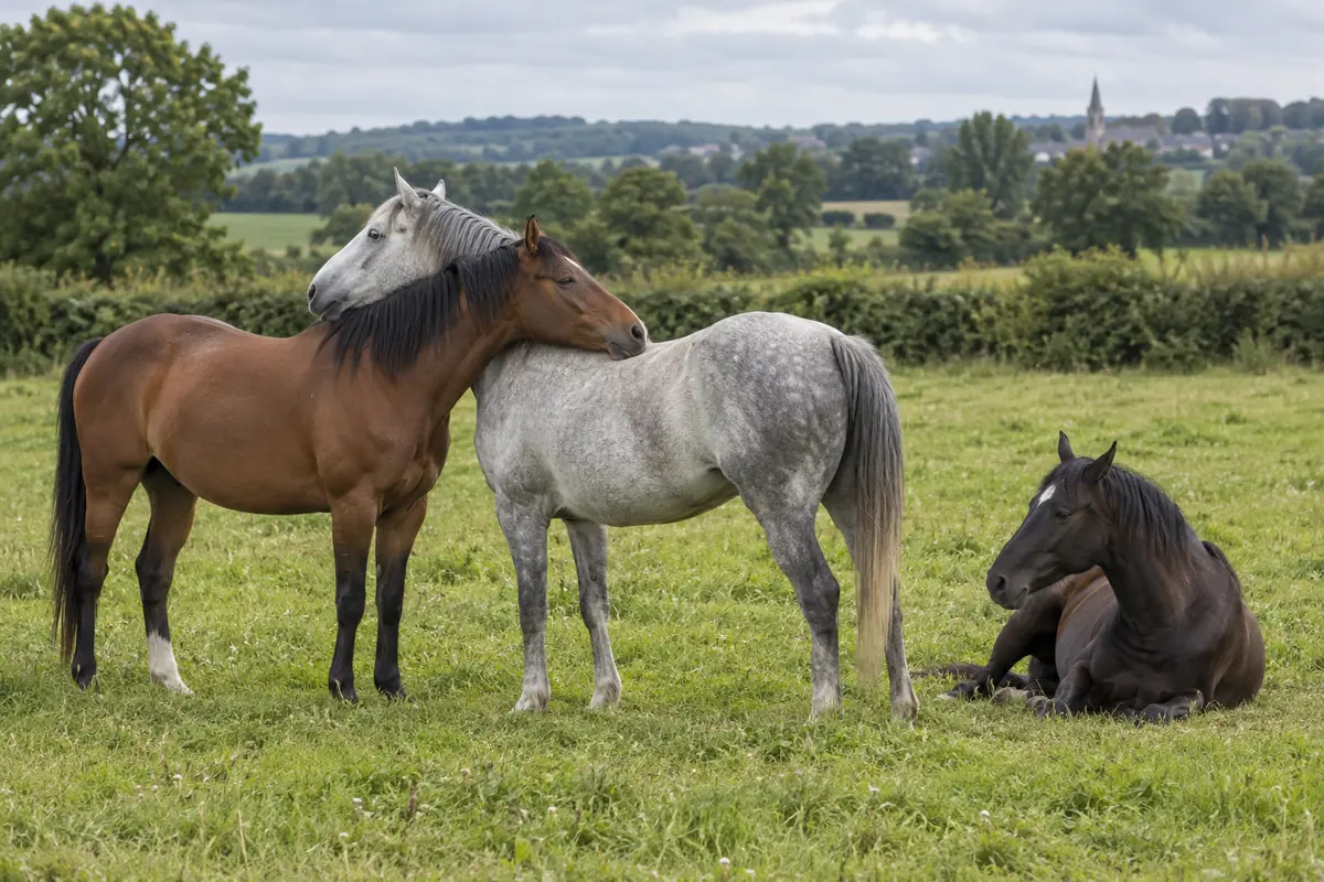 Trois chevaux interagissant librement dans une prairie française