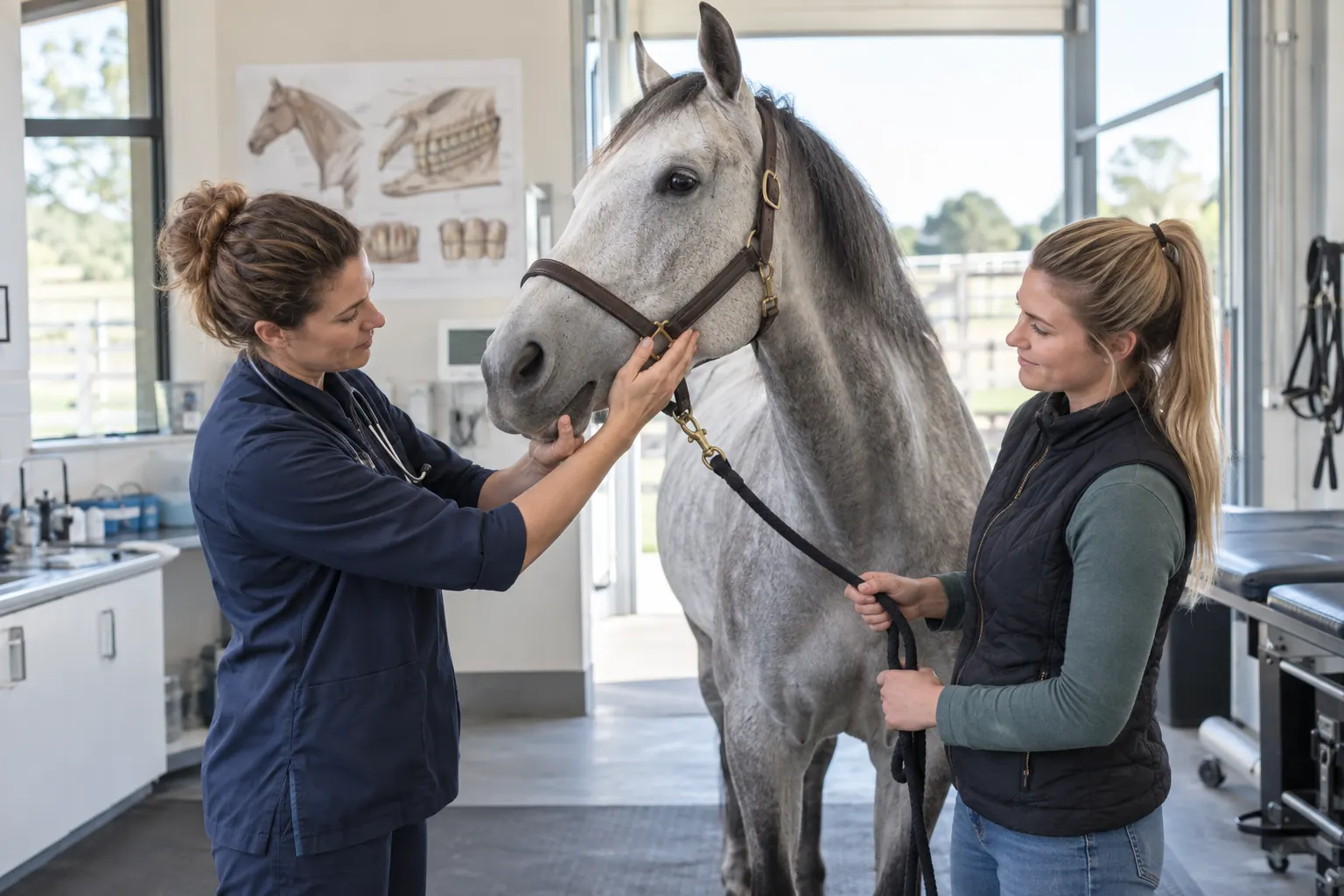 Vétérinaire examinant la bouche et la mâchoire d’un cheval gris calme