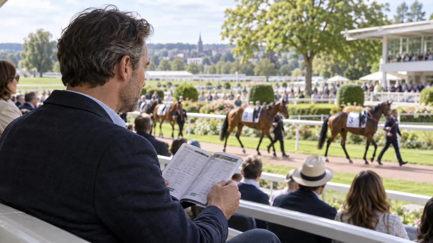 Spectateur adulte consultant un programme dans un hippodrome