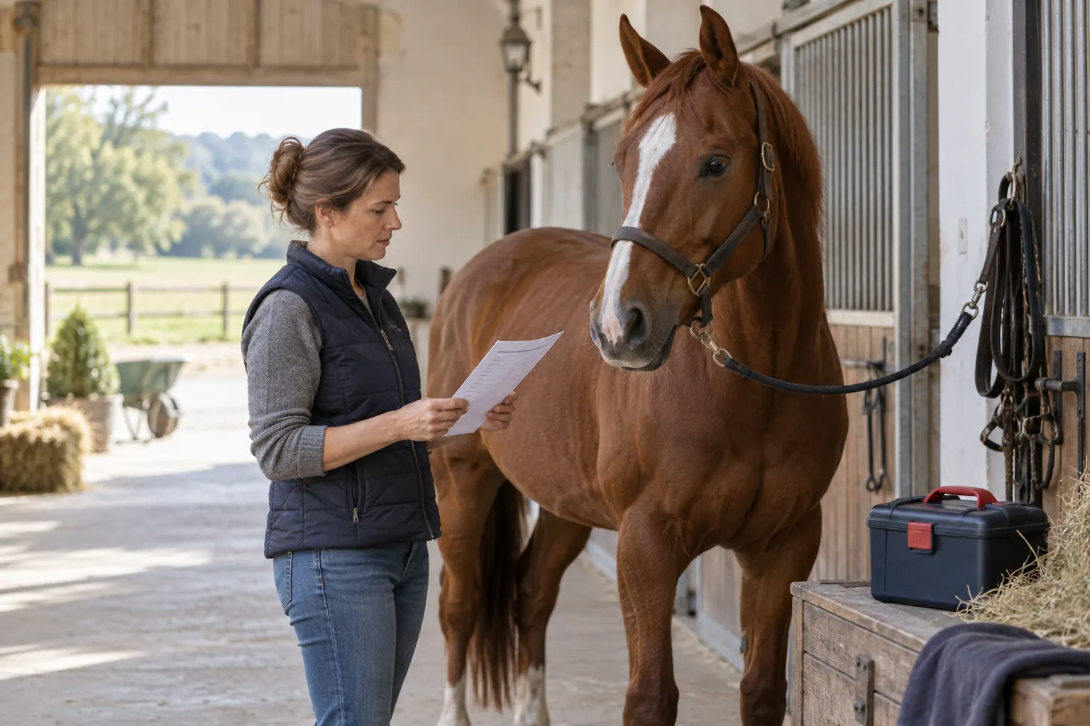Propriétaire préparant la fiche d’urgence de son cheval dans une écurie française