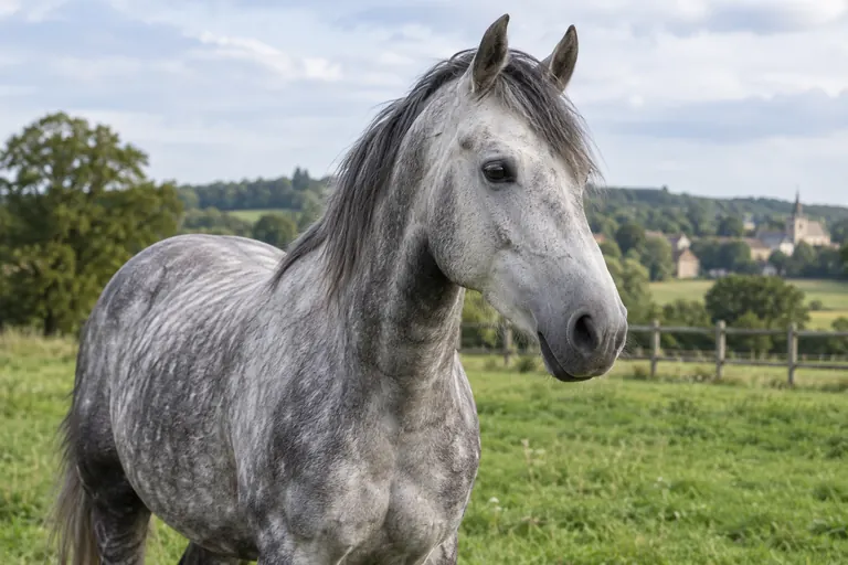 Portrait d’un cheval gris au pré