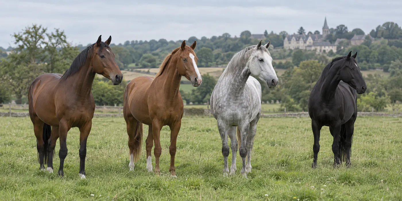 Quatre chevaux de robes bai, alezan, grise et noire au pré