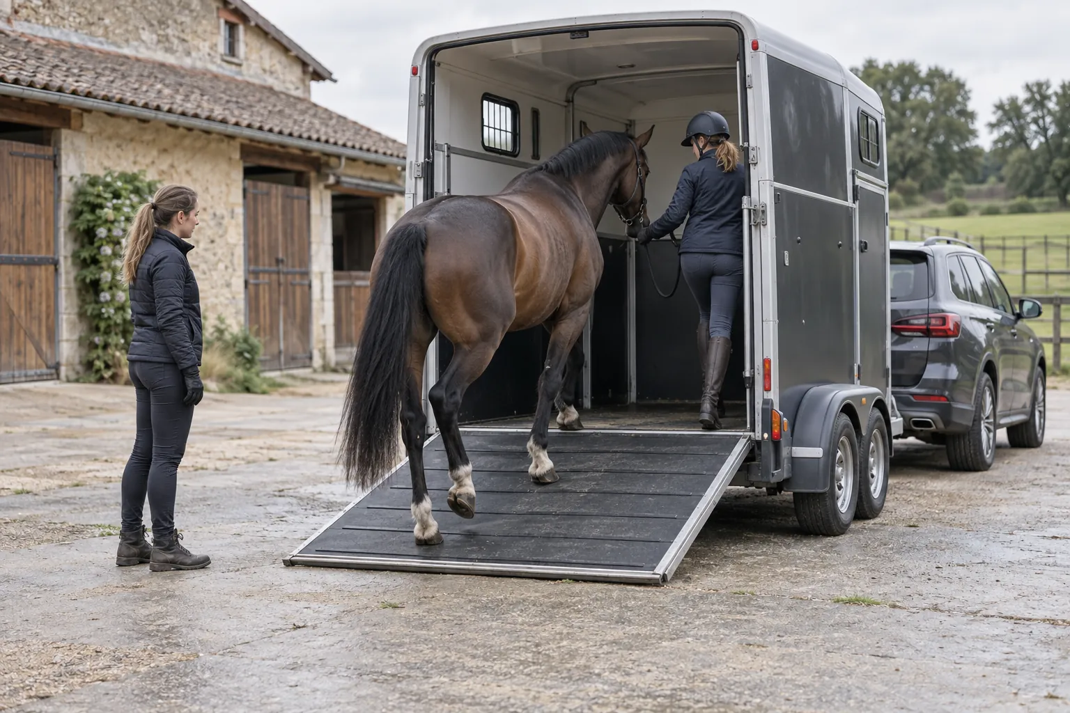 Cheval montant calmement dans un van sous la surveillance de deux personnes