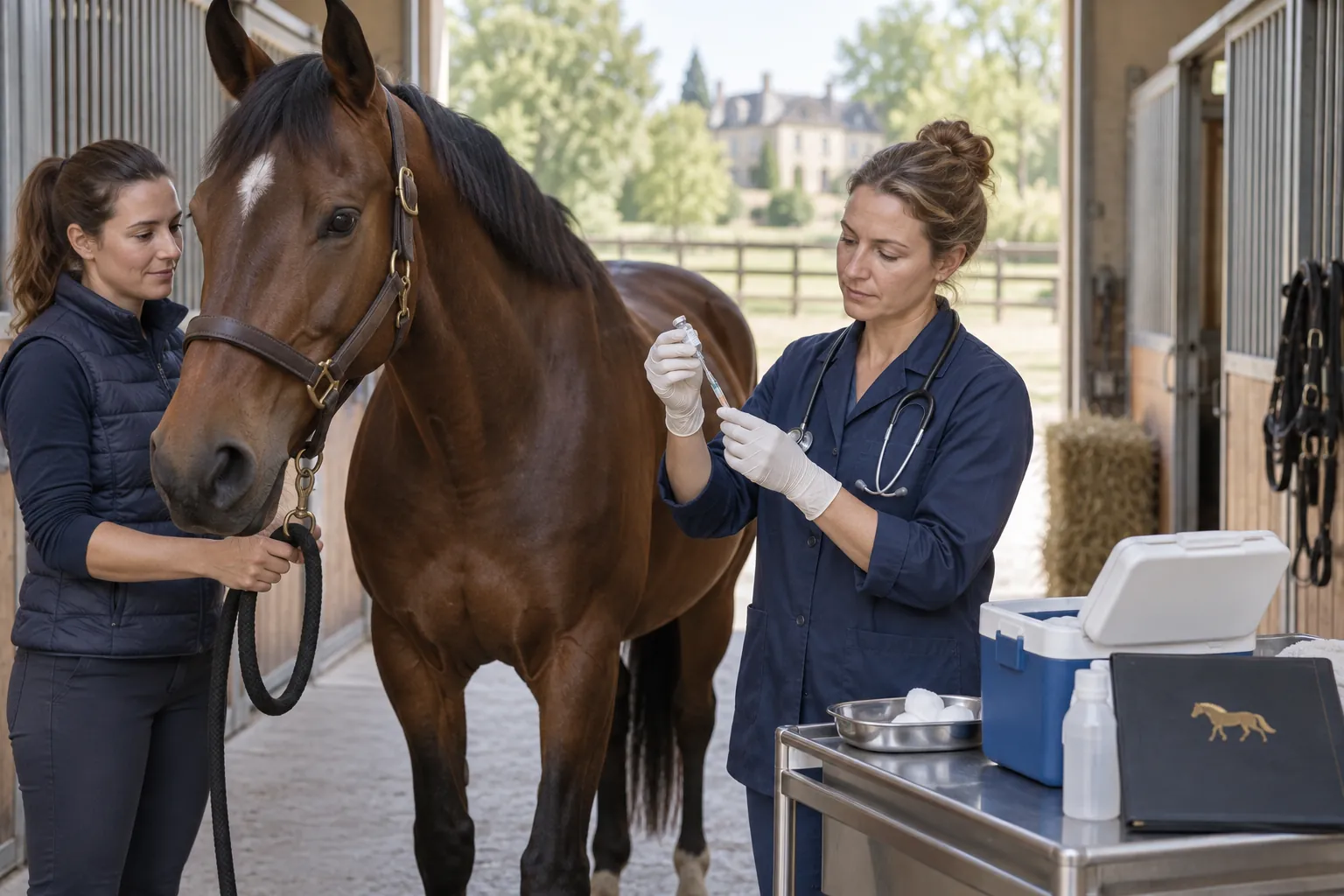 Vétérinaire préparant la vaccination d’un cheval calme tenu par sa propriétaire