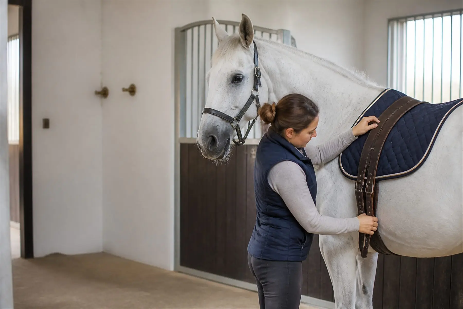 Groom vérifiant l’ajustement de la selle d’un cheval