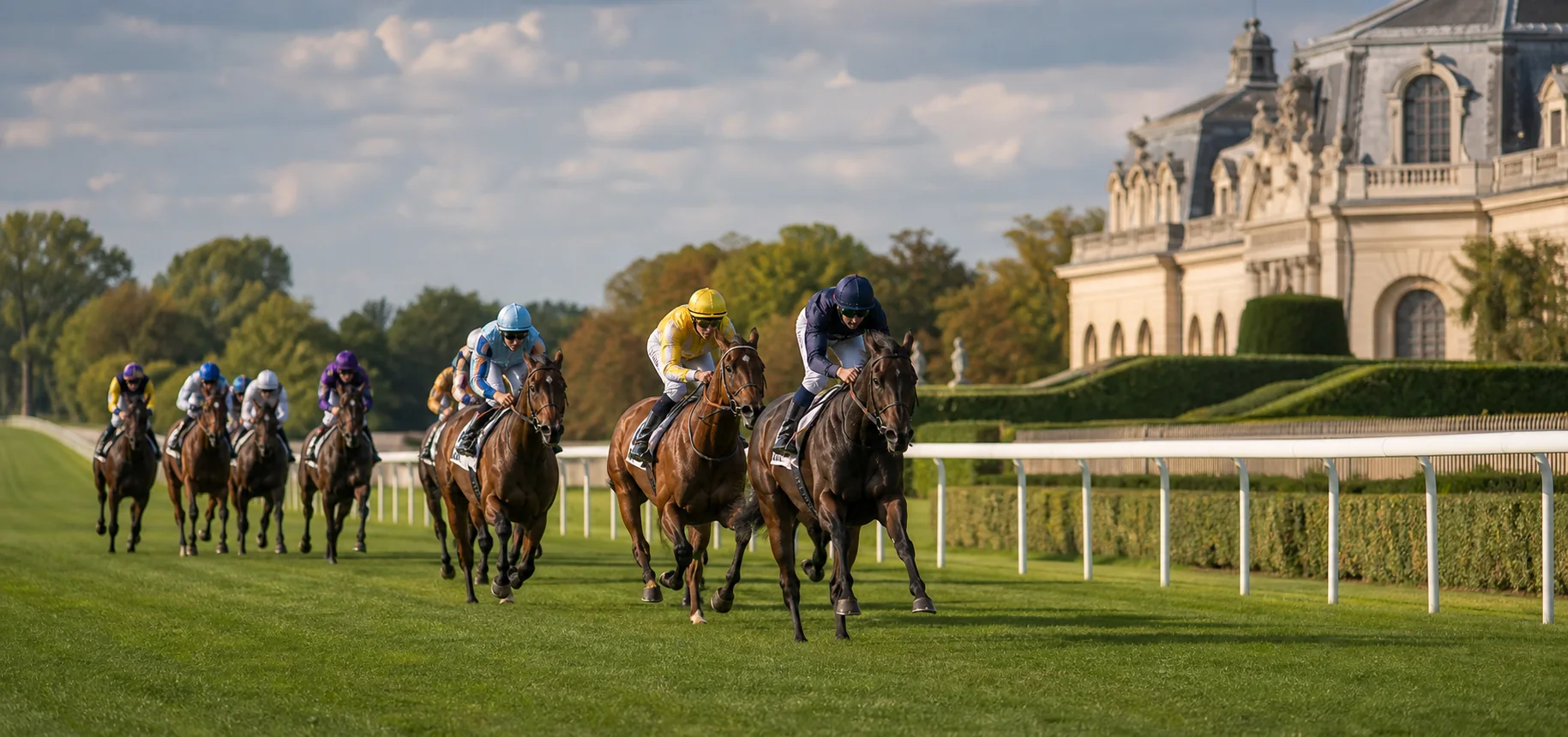 Peloton de chevaux de course dans la ligne droite d’un hippodrome français