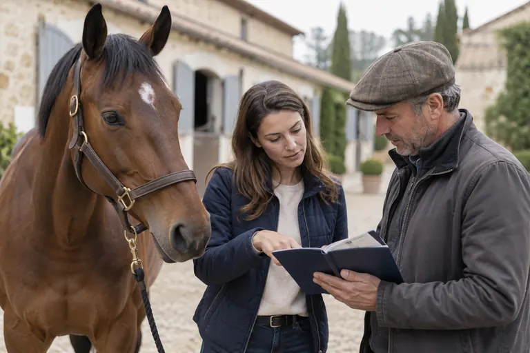 Acheteurs consultant les documents d’un cheval dans une écurie