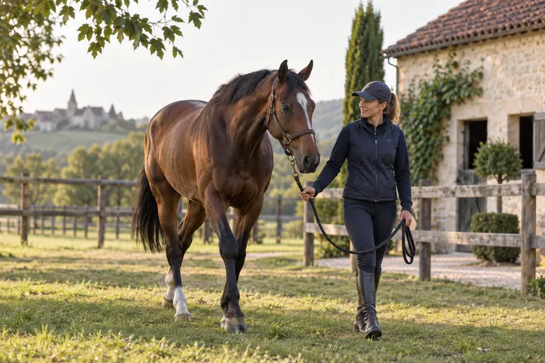 Cheval réformé marchant calmement avec un professionnel