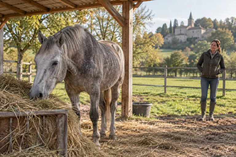 Cheval âgé mangeant du foin sous un abri ouvert