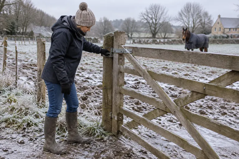 Soigneur vérifiant une entrée de paddock et la tenue du sol en hiver