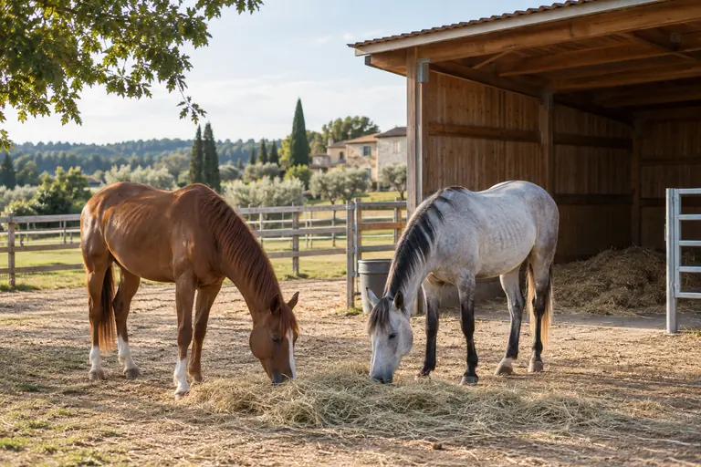 Chevaux mangeant du foin près d’un abri de pension