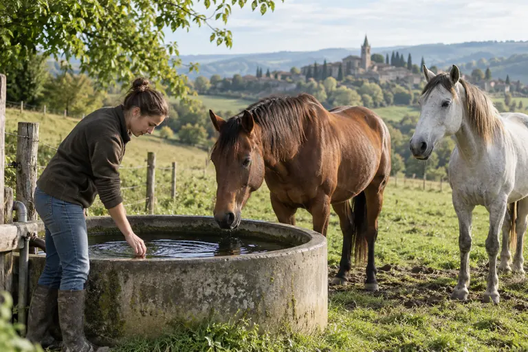 Soigneuse contrôlant l’eau de chevaux au pré