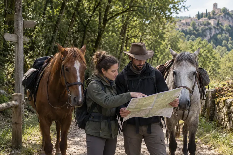 Cavaliers préparant un itinéraire avec leurs chevaux