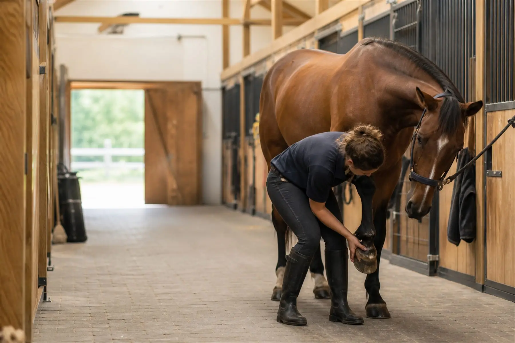 Illustration IA : préparation d’un cheval dans une structure équestre