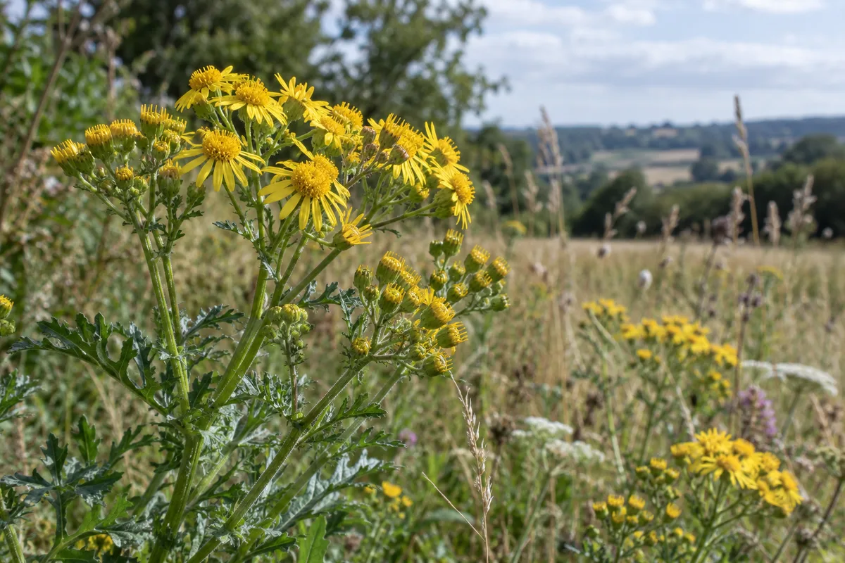 Illustration IA : Évocation de fleurs jaunes et de feuilles de séneçon jacobée