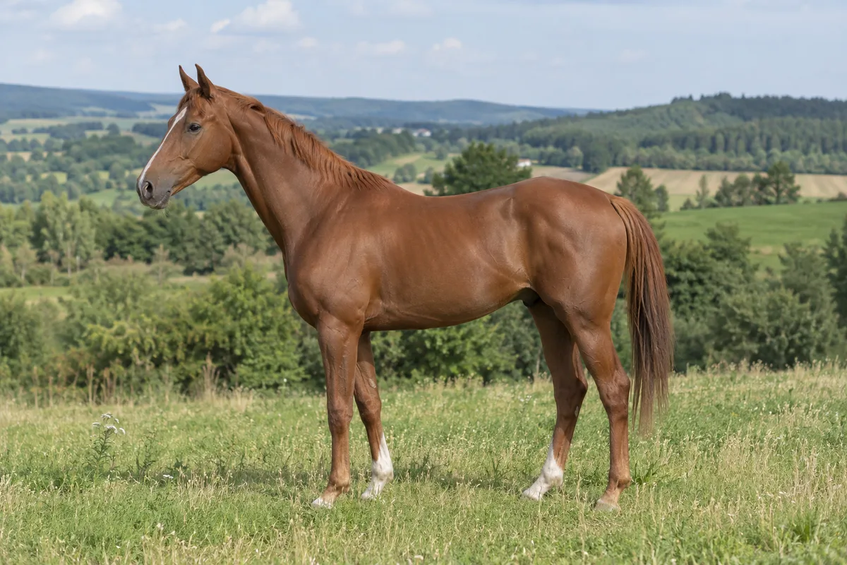 Illustration IA : Cheval de type Anglo-Arabe alezan, debout de profil au pré