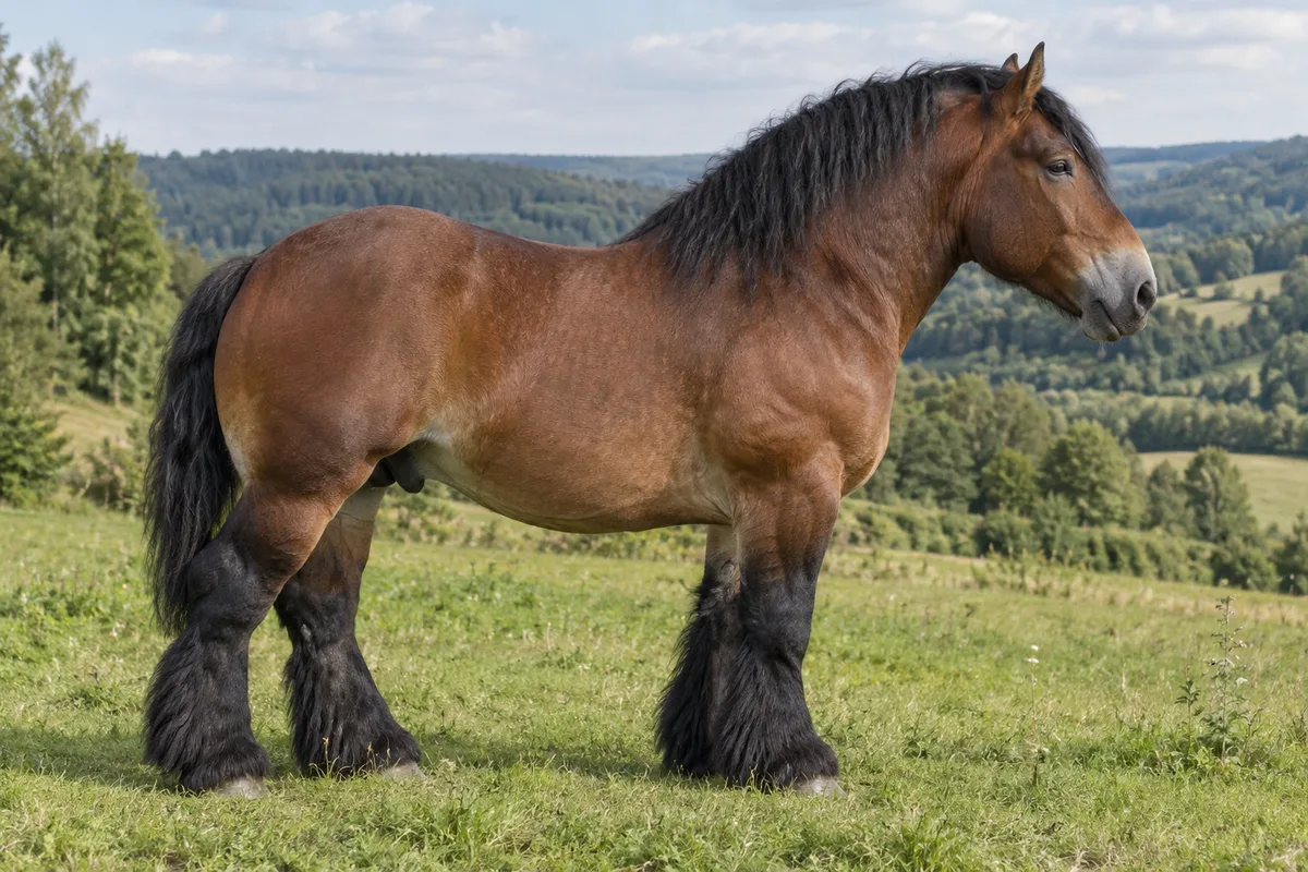 Illustration IA : Cheval de type Ardennais bai, debout de profil dans une prairie