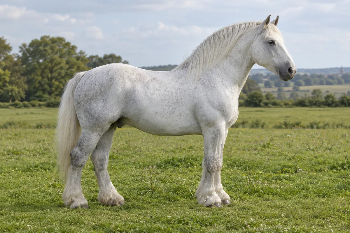 Illustration IA : Cheval de type Boulonnais gris clair, debout de profil dans une prairie