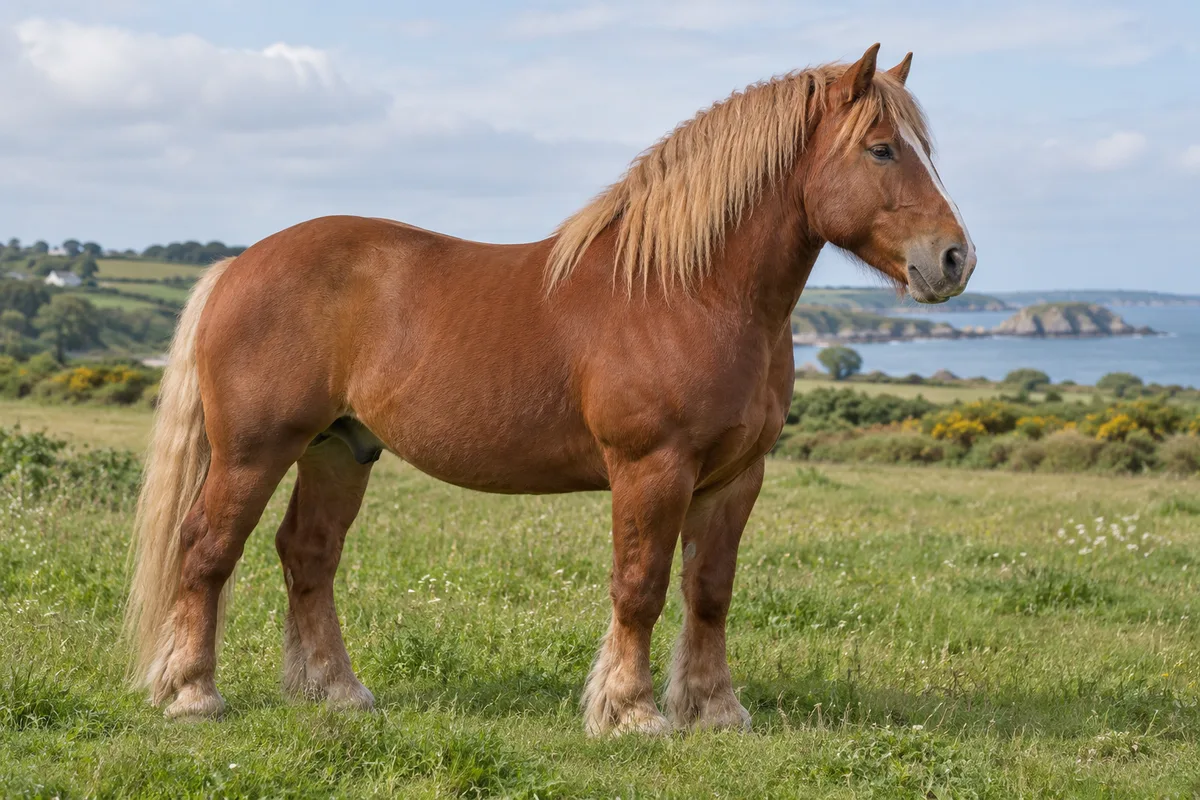 Illustration IA : Cheval de type Breton alezan, debout de profil dans une prairie