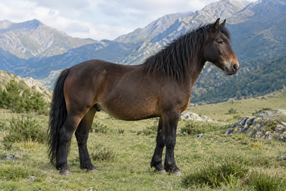 Illustration IA : Cheval de type Castillonnais bai foncé, debout dans une prairie de montagne