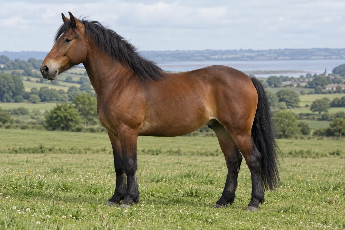 Illustration IA : Cheval de type Cob Normand bai, debout de profil dans une prairie