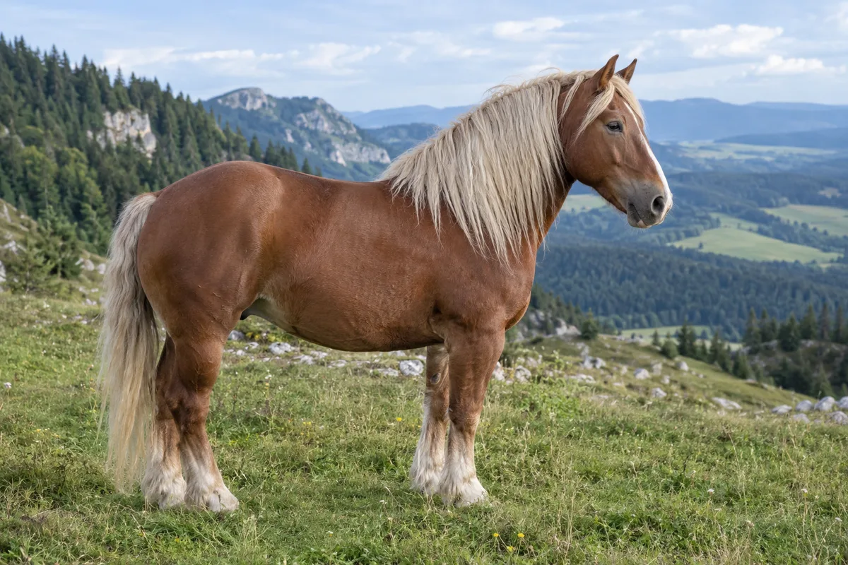 Illustration IA : Cheval de type Comtois alezan aux crins lavés, debout dans une prairie