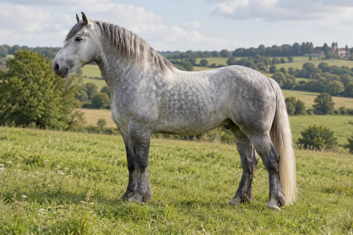 Illustration IA : Cheval de type Percheron gris, debout de profil dans une prairie