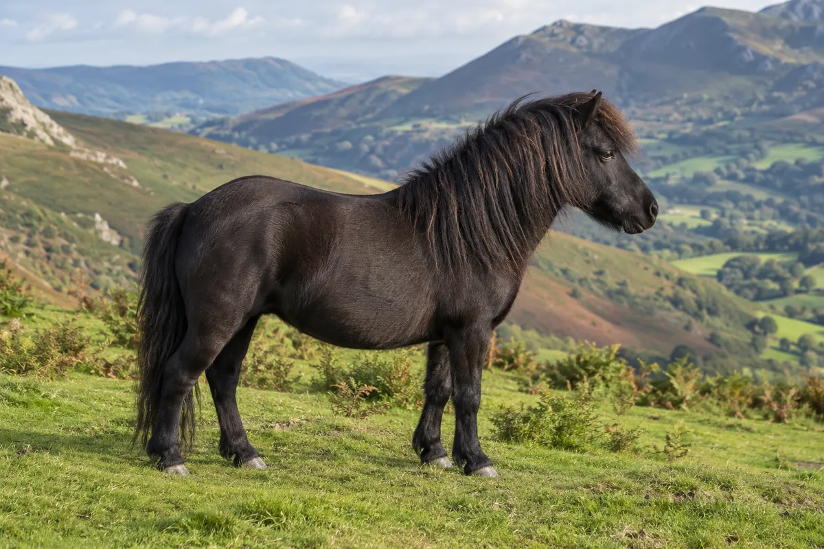 Illustration IA : Poney de type Pottok noir, debout sur une colline