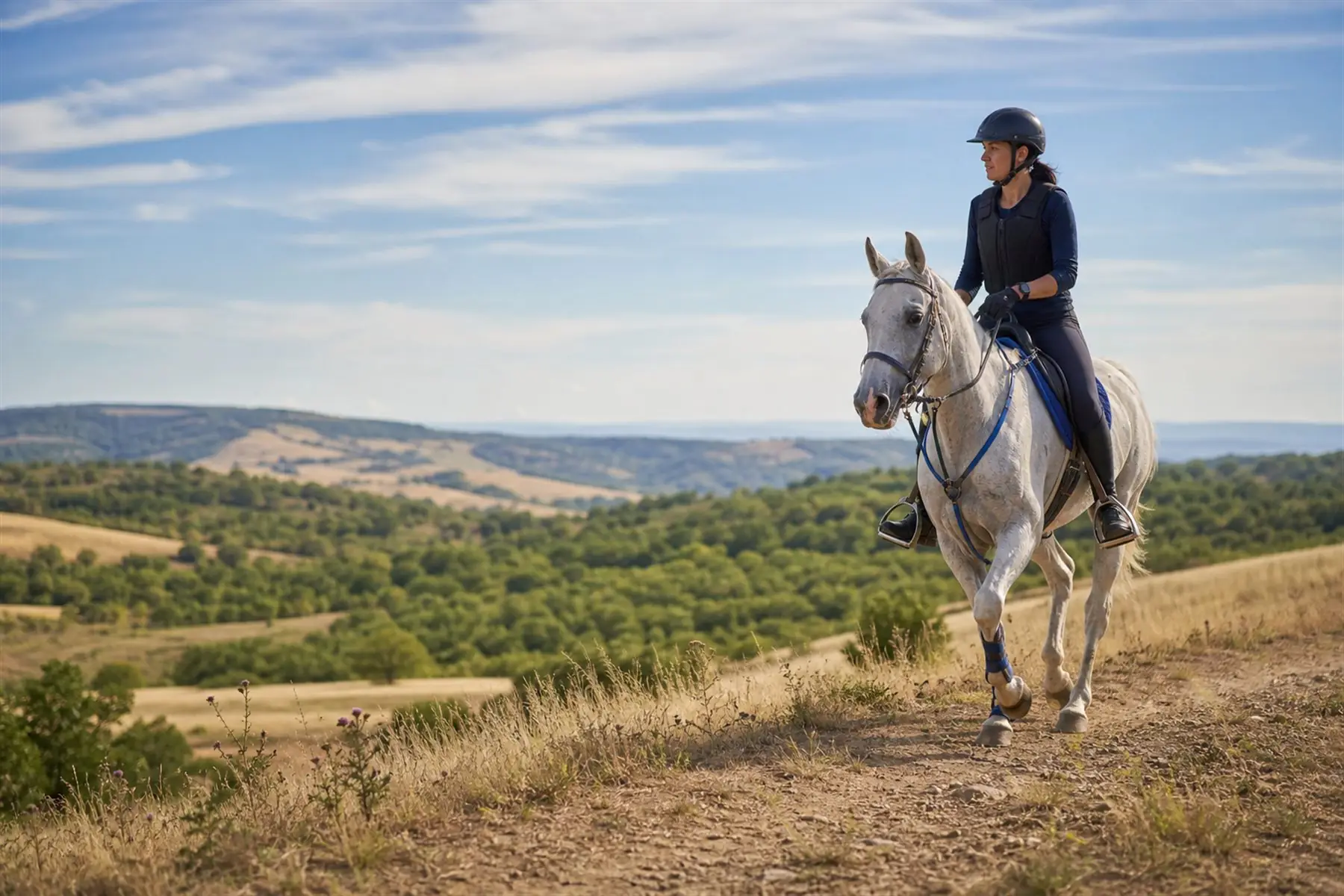 Cavalier et cheval pratiquant l’endurance dans un paysage français